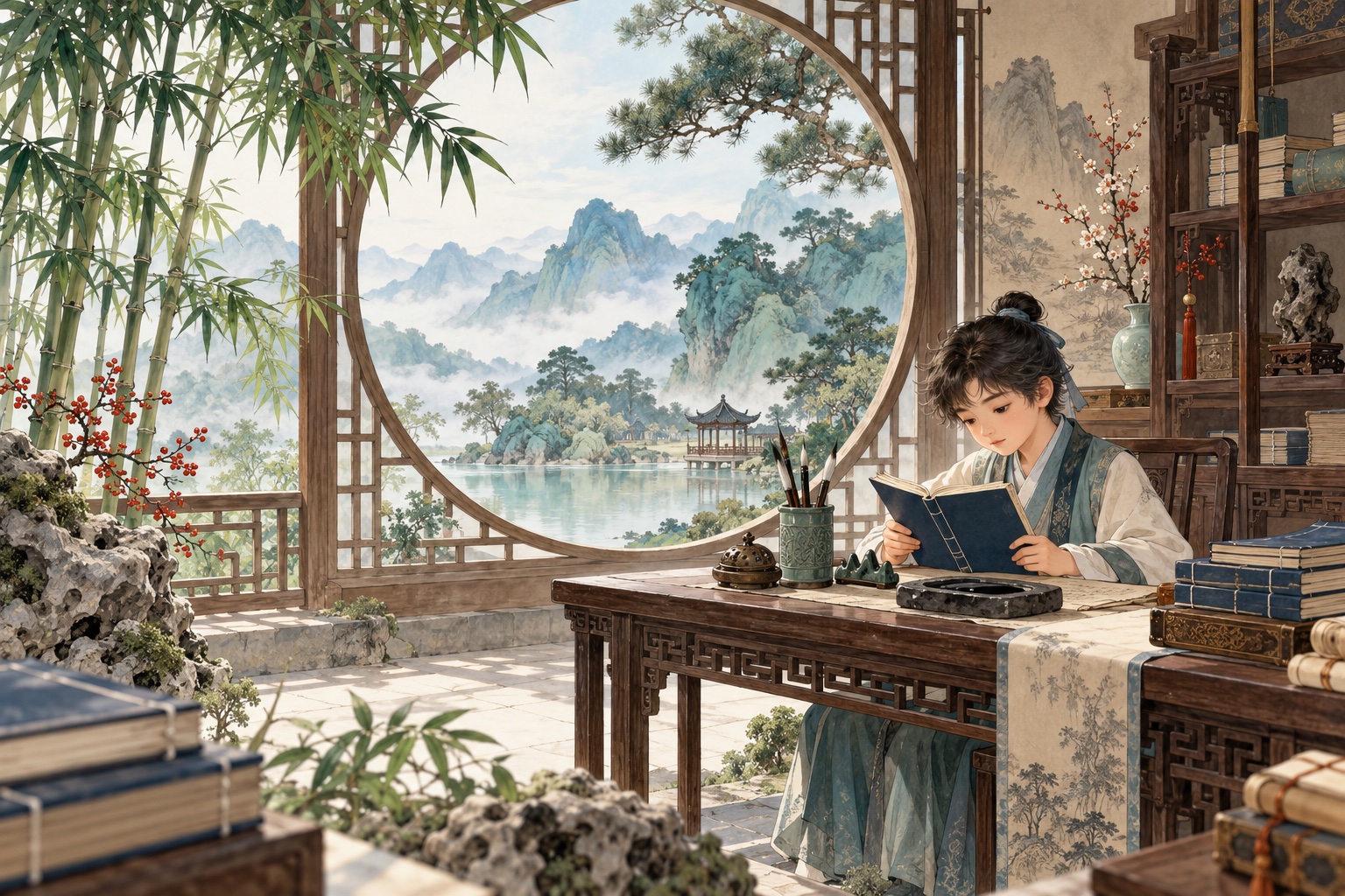 月洞窗前,一位孩子捧书静读,窗外是竹林、青山和湖水